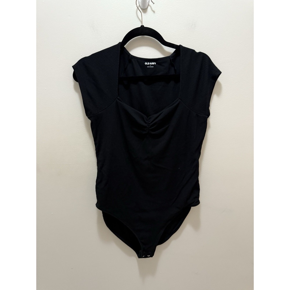 Old Navy Women's Black Ribbed Bodysuit Size L‎ Short Sleeve Cotton Modal capsule
